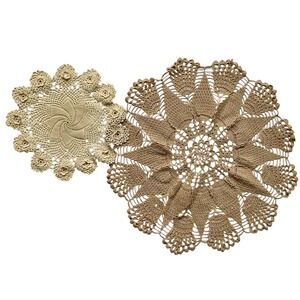 Vintage Crochet Doilies Set 2 Tan Cream Pineapple Floral Starburst Handmade Deco